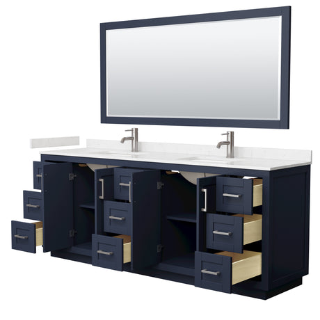 Miranda 84 Inch Double Bathroom Vanity in Dark Blue Carrara Cultured Marble Countertop Undermount Square Sinks Brushed Nickel Trim 70 Inch Mirror