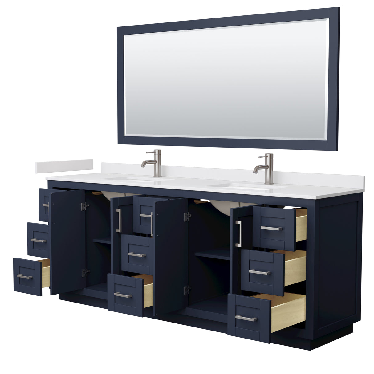 Miranda 84 Inch Double Bathroom Vanity in Dark Blue White Cultured Marble Countertop Undermount Square Sinks Brushed Nickel Trim 70 Inch Mirror
