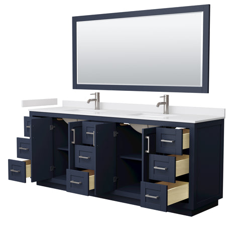 Miranda 84 Inch Double Bathroom Vanity in Dark Blue White Cultured Marble Countertop Undermount Square Sinks Brushed Nickel Trim 70 Inch Mirror