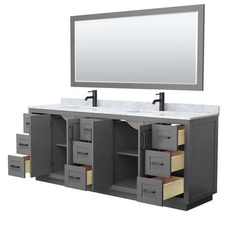Miranda 84 Inch Double Bathroom Vanity in Dark Gray White Carrara Marble Countertop Undermount Square Sinks Matte Black Trim 70 Inch Mirror