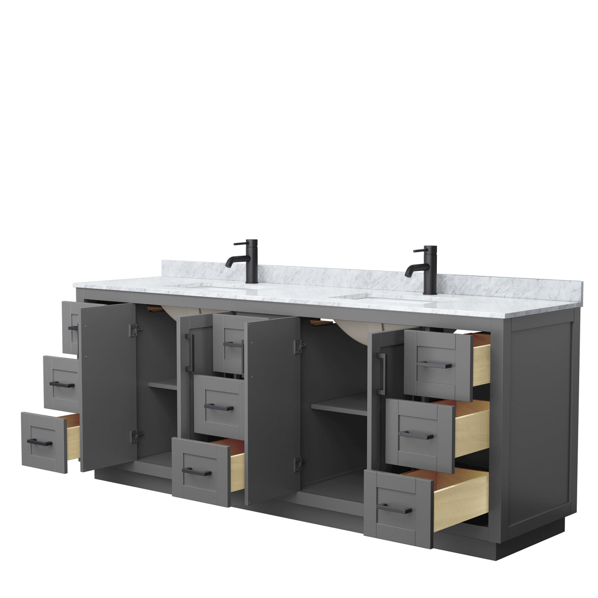Miranda 84 Inch Double Bathroom Vanity in Dark Gray White Carrara Marble Countertop Undermount Square Sinks Matte Black Trim
