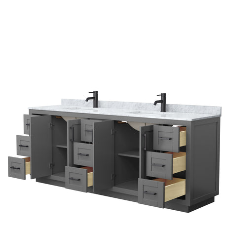 Miranda 84 Inch Double Bathroom Vanity in Dark Gray White Carrara Marble Countertop Undermount Square Sinks Matte Black Trim