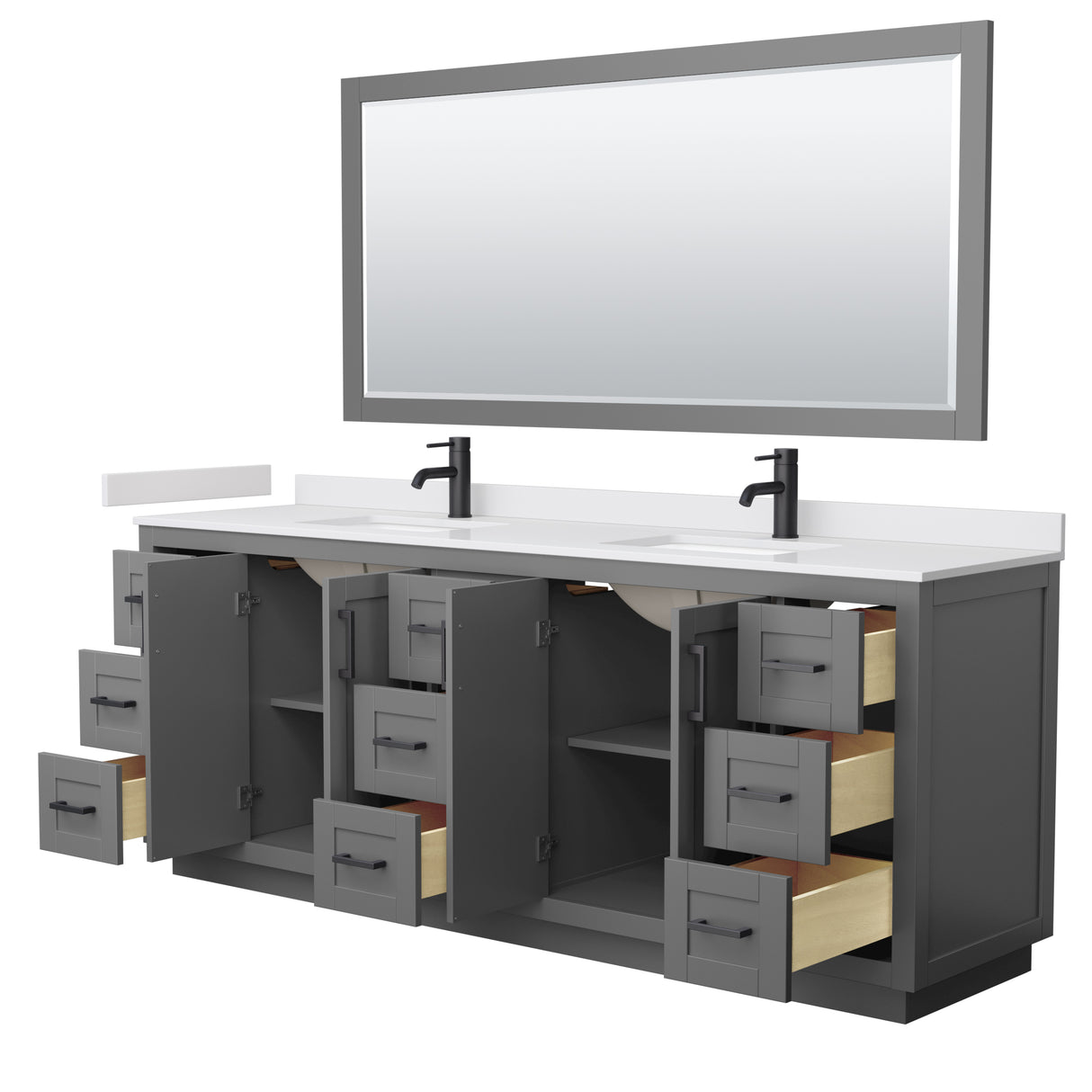 Miranda 84 Inch Double Bathroom Vanity in Dark Gray White Cultured Marble Countertop Undermount Square Sinks Matte Black Trim 70 Inch Mirror