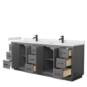 Miranda 84 Inch Double Bathroom Vanity in Dark Gray White Cultured Marble Countertop Undermount Square Sinks Matte Black Trim
