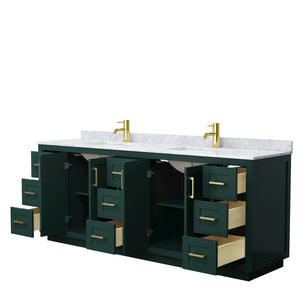 Miranda 84 Inch Double Bathroom Vanity in Green White Carrara Marble Countertop Undermount Square Sinks Brushed Gold Trim