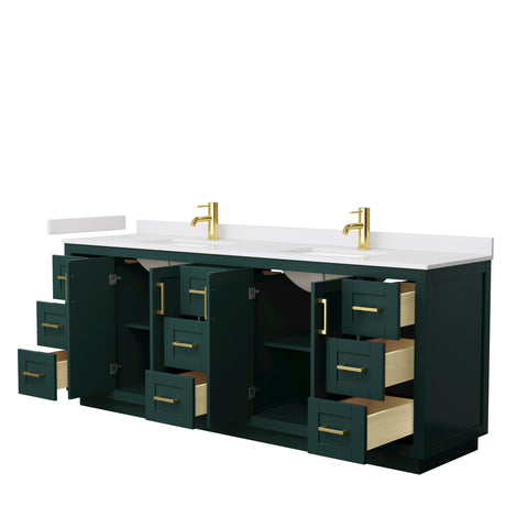 Miranda 84 Inch Double Bathroom Vanity in Green White Cultured Marble Countertop Undermount Square Sinks Brushed Gold Trim