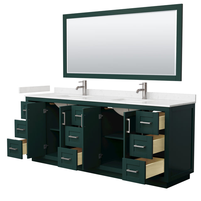Miranda 84 Inch Double Bathroom Vanity in Green Carrara Cultured Marble Countertop Undermount Square Sinks Brushed Nickel Trim 70 Inch Mirror