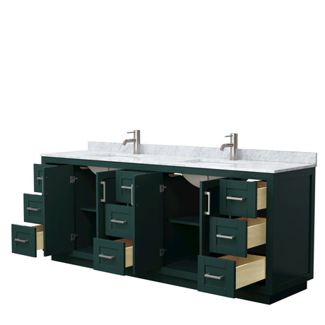 Miranda 84 Inch Double Bathroom Vanity in Green White Carrara Marble Countertop Undermount Square Sinks Brushed Nickel Trim