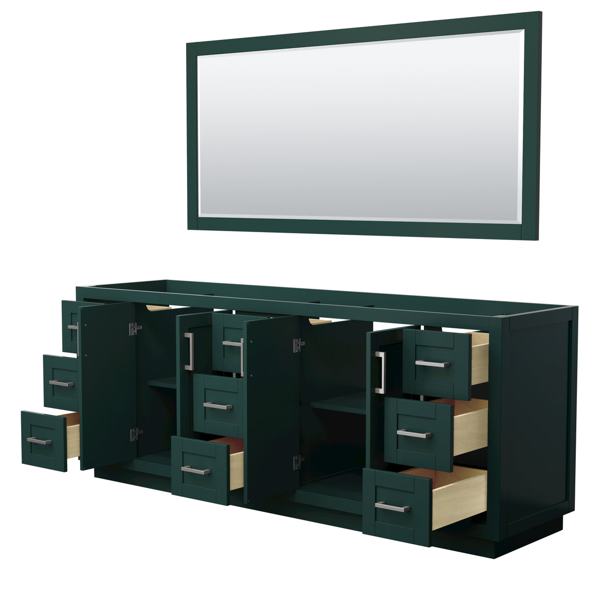 Miranda 84 Inch Double Bathroom Vanity in Green No Countertop No Sink Brushed Nickel Trim 70 Inch Mirror