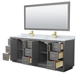 Miranda 84 Inch Double Bathroom Vanity in Dark Gray White Carrara Marble Countertop Undermount Square Sinks Brushed Gold Trim 70 Inch Mirror
