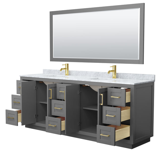 Miranda 84 Inch Double Bathroom Vanity in Dark Gray White Carrara Marble Countertop Undermount Square Sinks Brushed Gold Trim 70 Inch Mirror