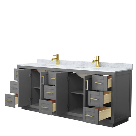 Miranda 84 Inch Double Bathroom Vanity in Dark Gray White Carrara Marble Countertop Undermount Square Sinks Brushed Gold Trim