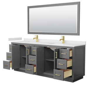 Miranda 84 Inch Double Bathroom Vanity in Dark Gray White Cultured Marble Countertop Undermount Square Sinks Brushed Gold Trim 70 Inch Mirror