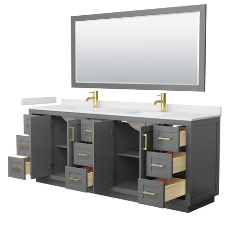 Miranda 84 Inch Double Bathroom Vanity in Dark Gray White Cultured Marble Countertop Undermount Square Sinks Brushed Gold Trim 70 Inch Mirror