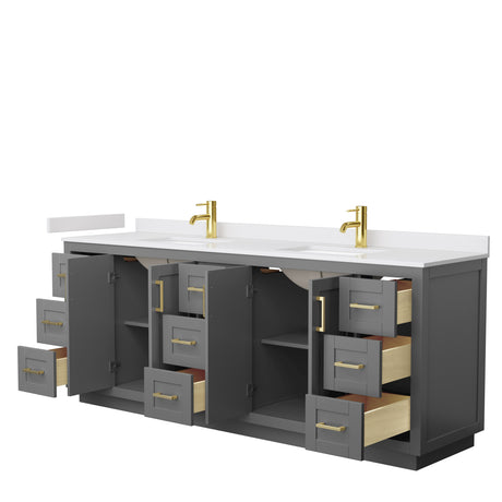 Miranda 84 Inch Double Bathroom Vanity in Dark Gray White Cultured Marble Countertop Undermount Square Sinks Brushed Gold Trim