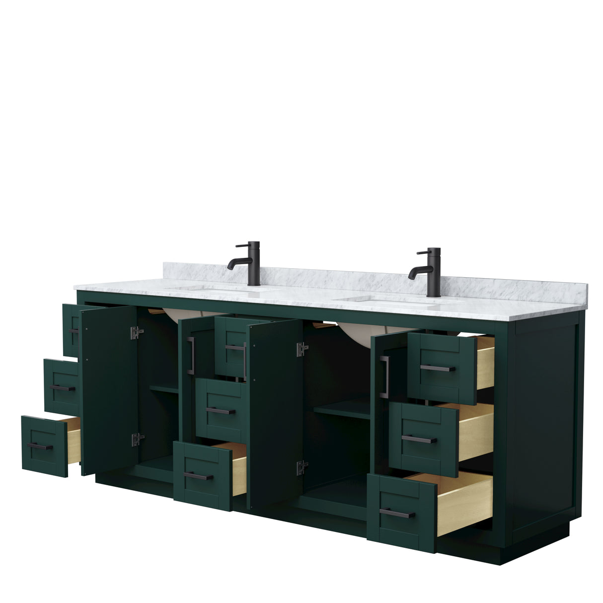 Miranda 84 Inch Double Bathroom Vanity in Green White Carrara Marble Countertop Undermount Square Sinks Matte Black Trim