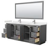 Miranda 84 Inch Double Bathroom Vanity in Dark Gray Carrara Cultured Marble Countertop Undermount Square Sinks Brushed Nickel Trim 70 Inch Mirror