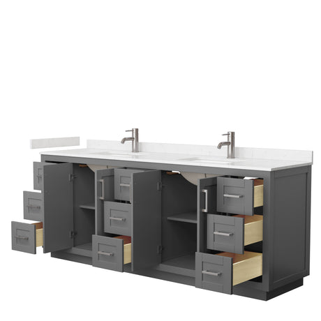 Miranda 84 Inch Double Bathroom Vanity in Dark Gray Carrara Cultured Marble Countertop Undermount Square Sinks Brushed Nickel Trim