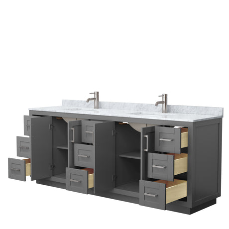 Miranda 84 Inch Double Bathroom Vanity in Dark Gray White Carrara Marble Countertop Undermount Square Sinks Brushed Nickel Trim