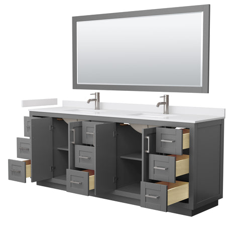 Miranda 84 Inch Double Bathroom Vanity in Dark Gray White Cultured Marble Countertop Undermount Square Sinks Brushed Nickel Trim 70 Inch Mirror