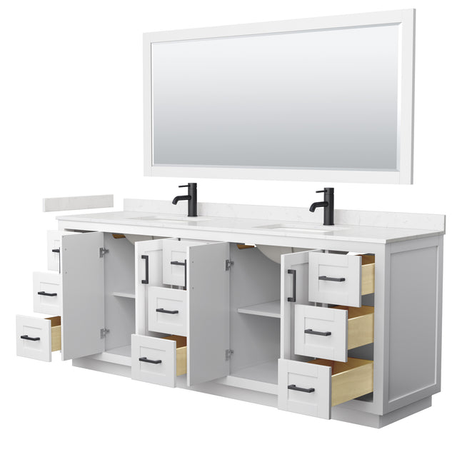 Miranda 84 Inch Double Bathroom Vanity in White Carrara Cultured Marble Countertop Undermount Square Sinks Matte Black Trim 70 Inch Mirror