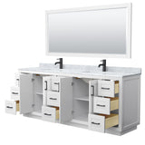 Miranda 84 Inch Double Bathroom Vanity in White White Carrara Marble Countertop Undermount Square Sinks Matte Black Trim 70 Inch Mirror