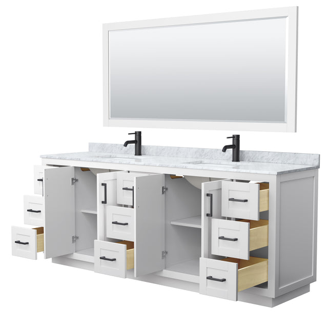 Miranda 84 Inch Double Bathroom Vanity in White White Carrara Marble Countertop Undermount Square Sinks Matte Black Trim 70 Inch Mirror