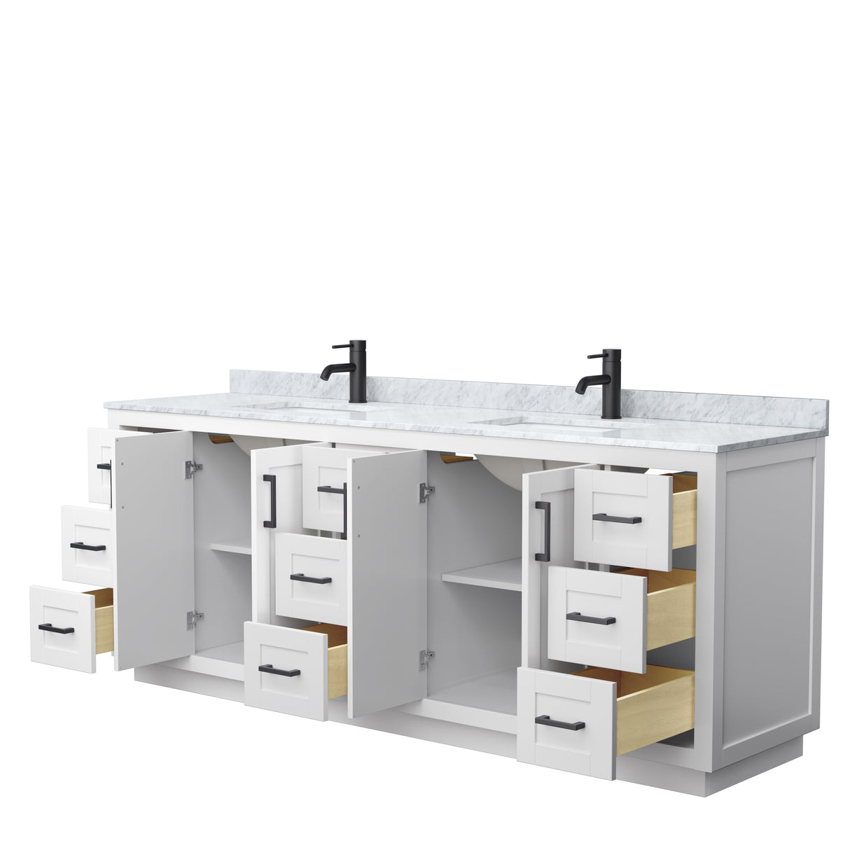 Miranda 84 Inch Double Bathroom Vanity in White White Carrara Marble Countertop Undermount Square Sinks Matte Black Trim