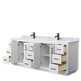 Miranda 84 Inch Double Bathroom Vanity in White White Carrara Marble Countertop Undermount Square Sinks Matte Black Trim