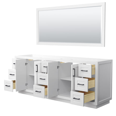 Miranda 84 Inch Double Bathroom Vanity in White No Countertop No Sink Matte Black Trim 70 Inch Mirror