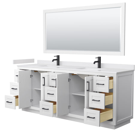 Miranda 84 Inch Double Bathroom Vanity in White White Cultured Marble Countertop Undermount Square Sinks Matte Black Trim 70 Inch Mirror