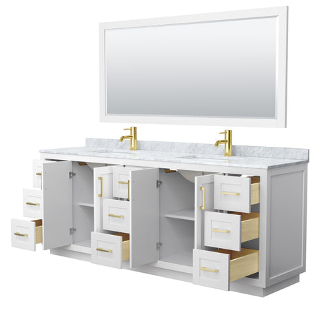 Miranda 84 Inch Double Bathroom Vanity in White White Carrara Marble Countertop Undermount Square Sinks Brushed Gold Trim 70 Inch Mirror