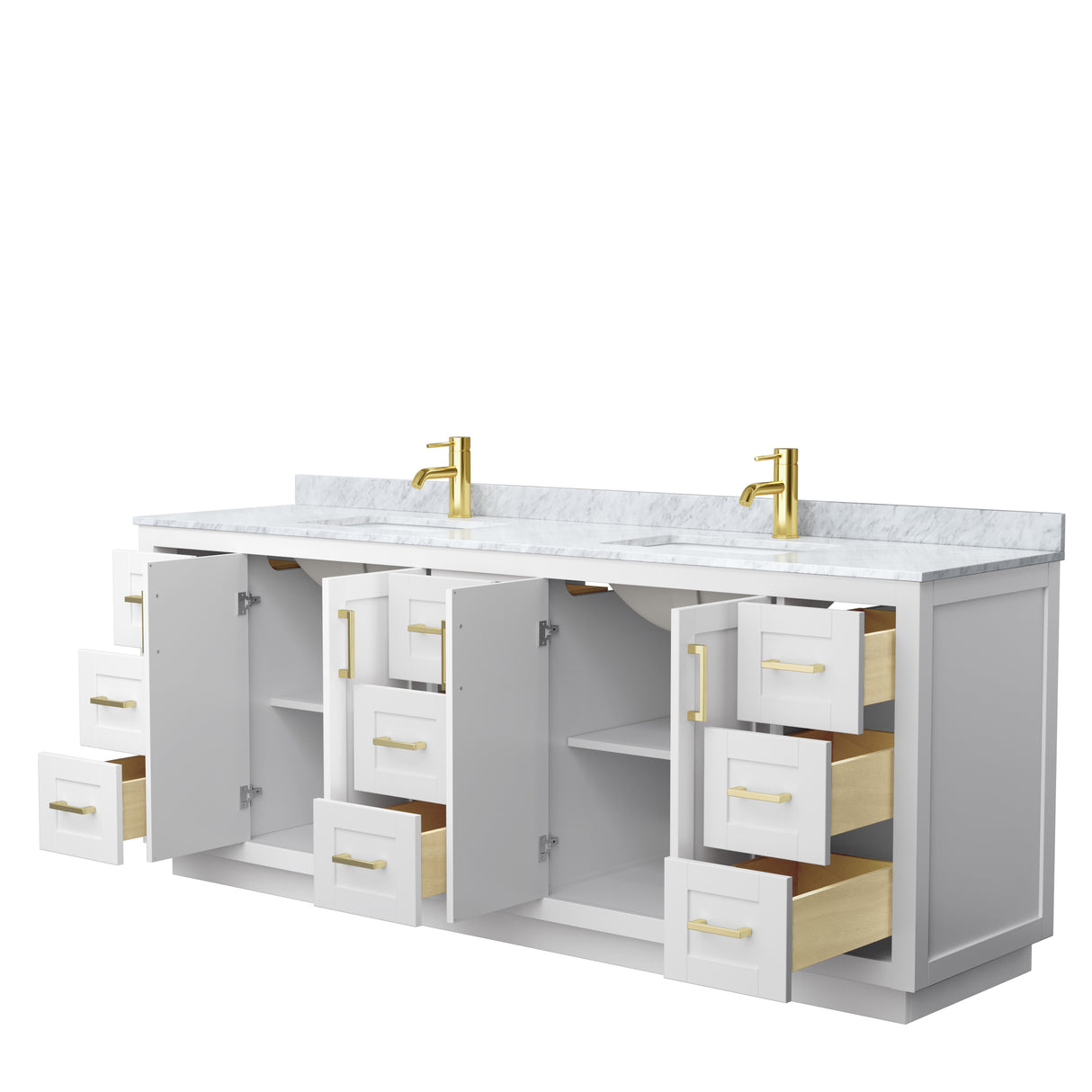 Miranda 84 Inch Double Bathroom Vanity in White White Carrara Marble Countertop Undermount Square Sinks Brushed Gold Trim