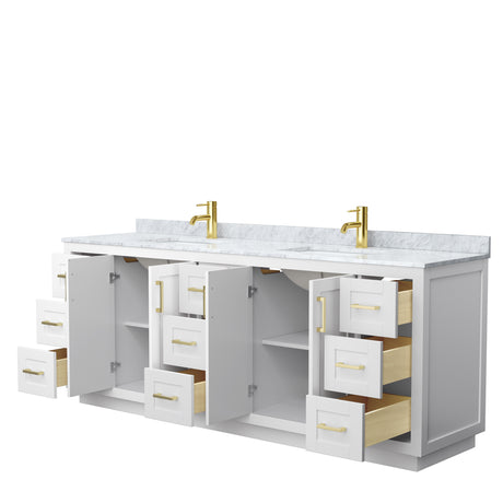 Miranda 84 Inch Double Bathroom Vanity in White White Carrara Marble Countertop Undermount Square Sinks Brushed Gold Trim