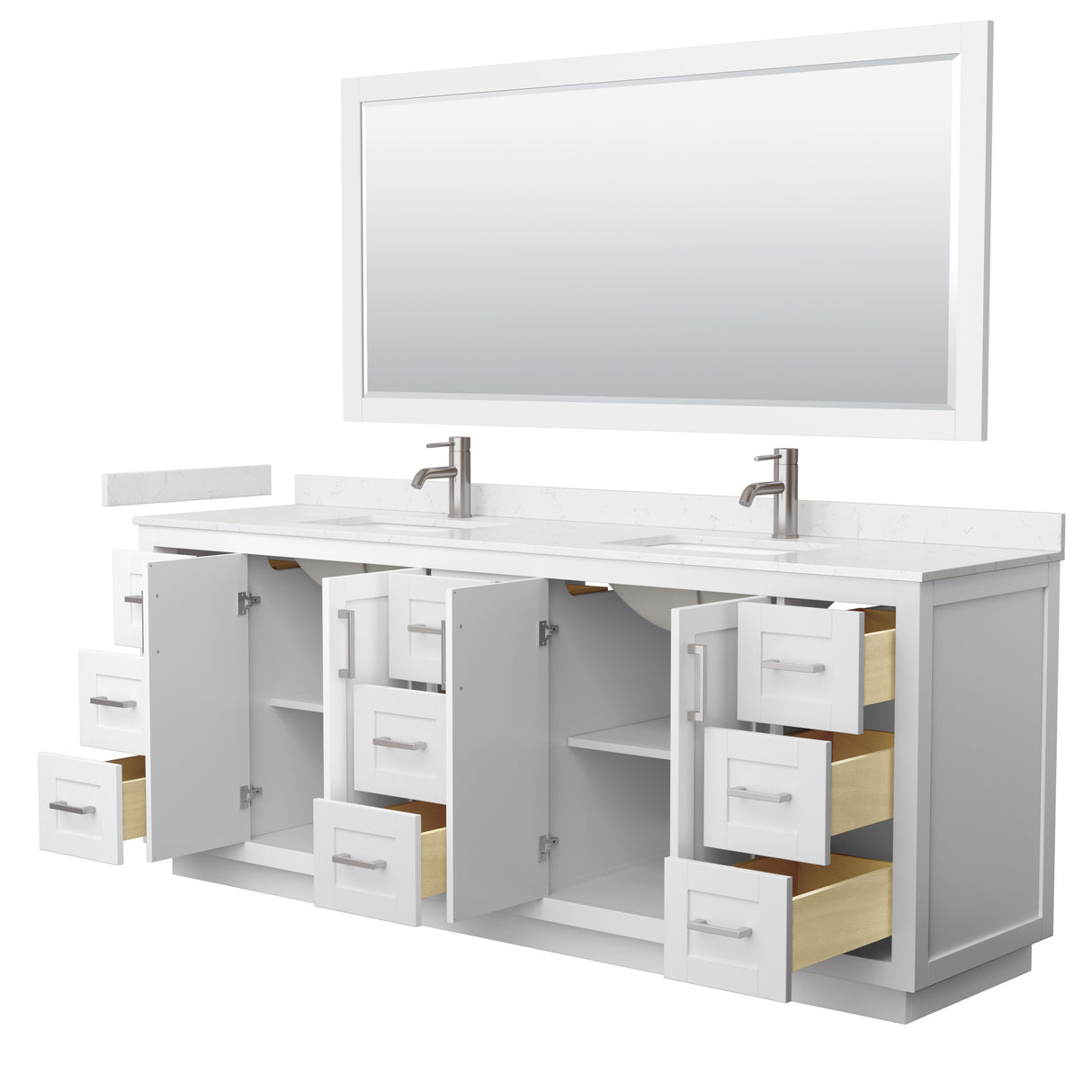 Miranda 84 Inch Double Bathroom Vanity in White Carrara Cultured Marble Countertop Undermount Square Sinks Brushed Nickel Trim 70 Inch Mirror