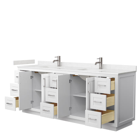 Miranda 84 Inch Double Bathroom Vanity in White Carrara Cultured Marble Countertop Undermount Square Sinks Brushed Nickel Trim