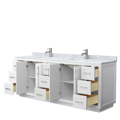 Miranda 84 Inch Double Bathroom Vanity in White White Carrara Marble Countertop Undermount Square Sinks Brushed Nickel Trim