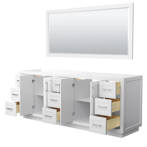Miranda 84 Inch Double Bathroom Vanity in White No Countertop No Sink Brushed Nickel Trim 70 Inch Mirror