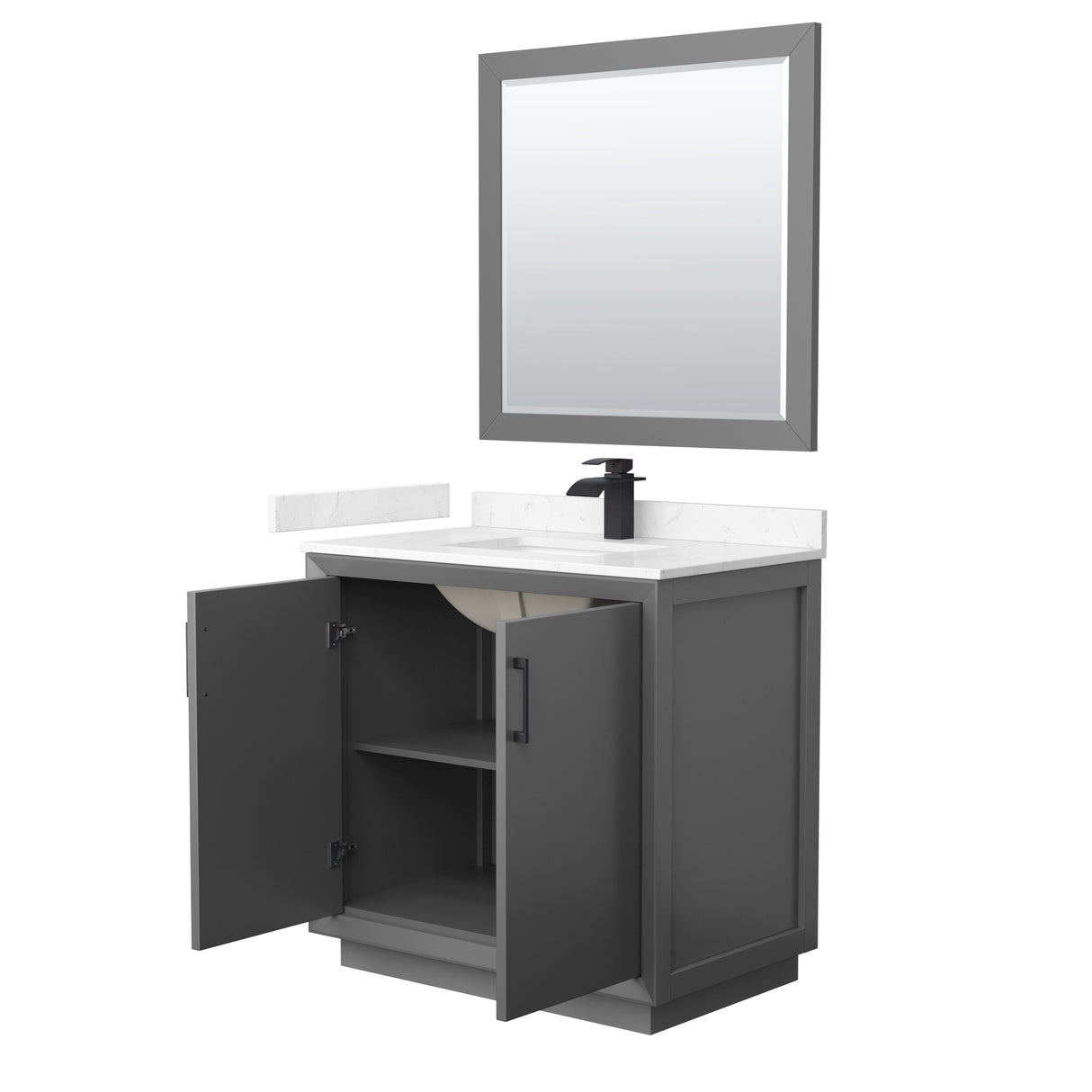 Strada 36 Inch Single Bathroom Vanity in Dark Gray Carrara Cultured Marble Countertop Undermount Square Sink Matte Black Trim 34 Inch Mirror
