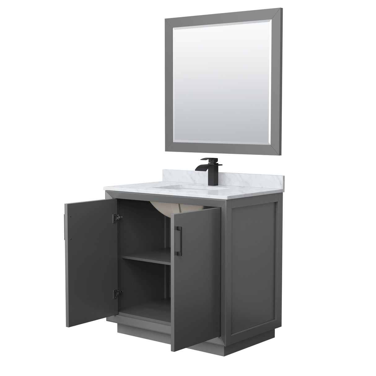 Strada 36 Inch Single Bathroom Vanity in Dark Gray White Carrara Marble Countertop Undermount Square Sink Matte Black Trim 34 Inch Mirror