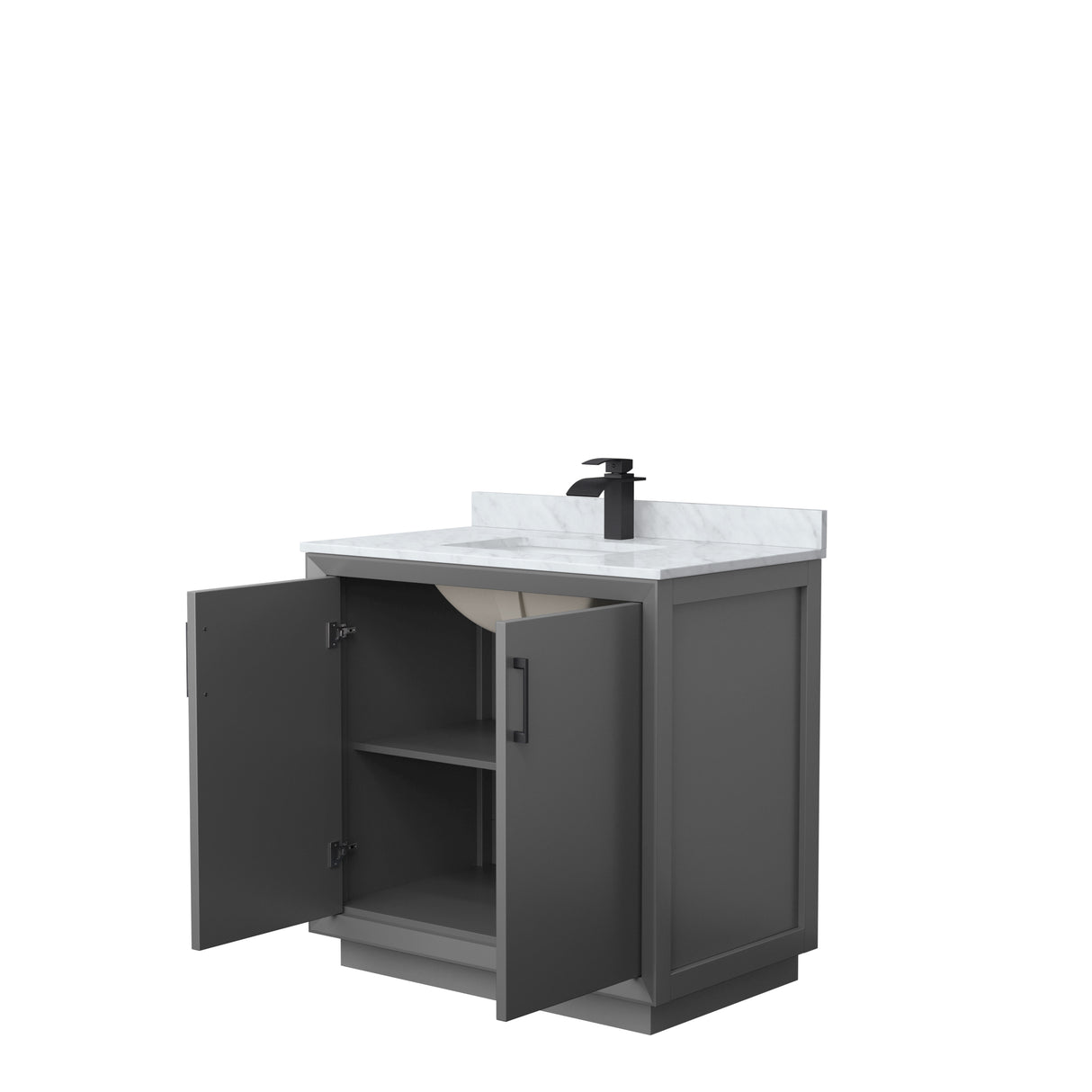 Strada 36 Inch Single Bathroom Vanity in Dark Gray White Carrara Marble Countertop Undermount Square Sink Matte Black Trim