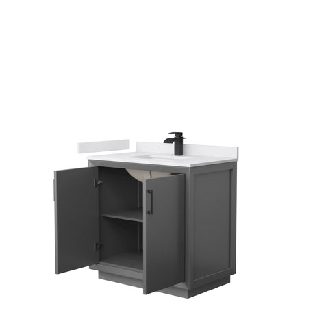 Strada 36 Inch Single Bathroom Vanity in Dark Gray White Cultured Marble Countertop Undermount Square Sink Matte Black Trim