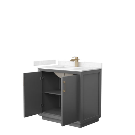 Strada 36 Inch Single Bathroom Vanity in Dark Gray Carrara Cultured Marble Countertop Undermount Square Sink Satin Bronze Trim