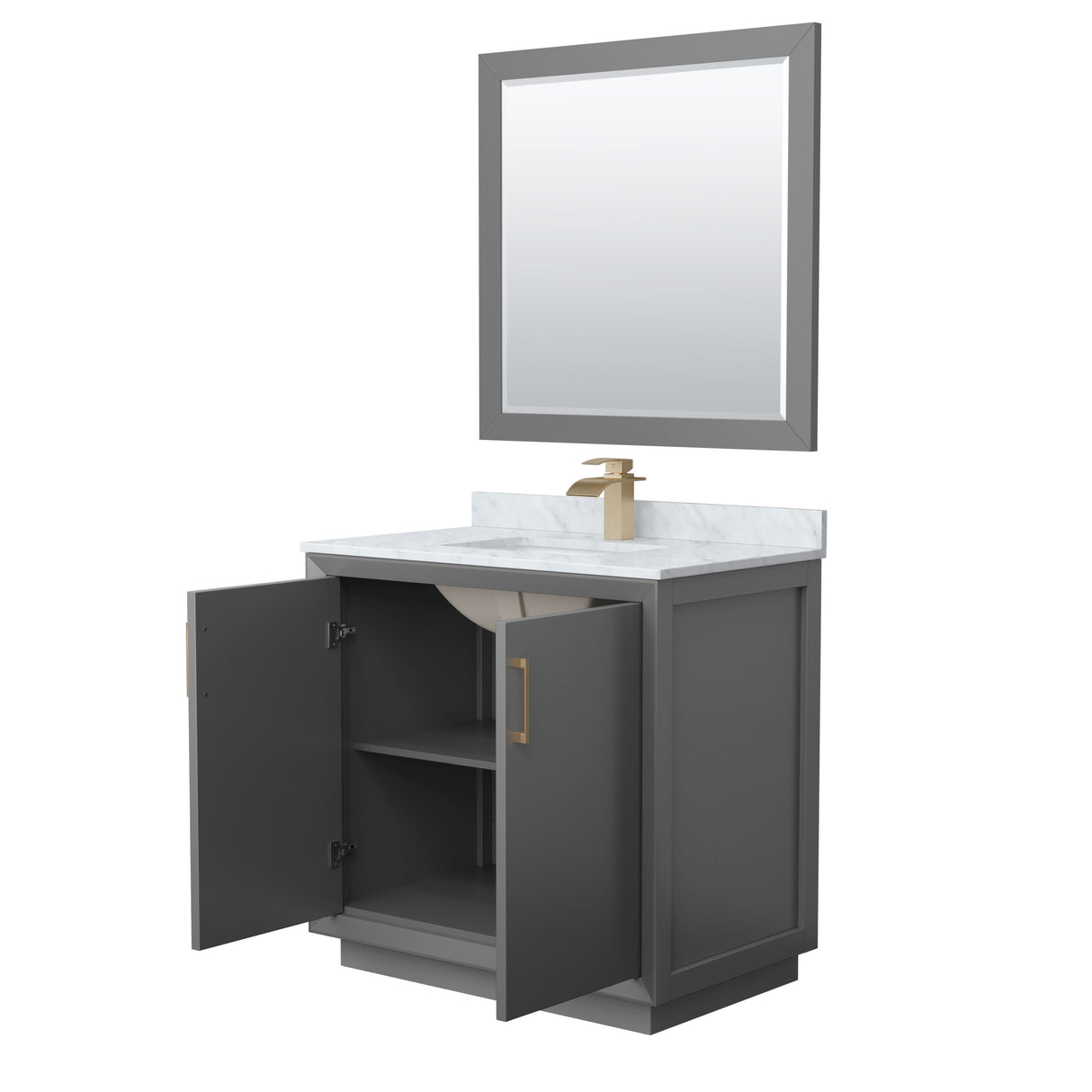 Strada 36 Inch Single Bathroom Vanity in Dark Gray White Carrara Marble Countertop Undermount Square Sink Satin Bronze Trim 34 Inch Mirror