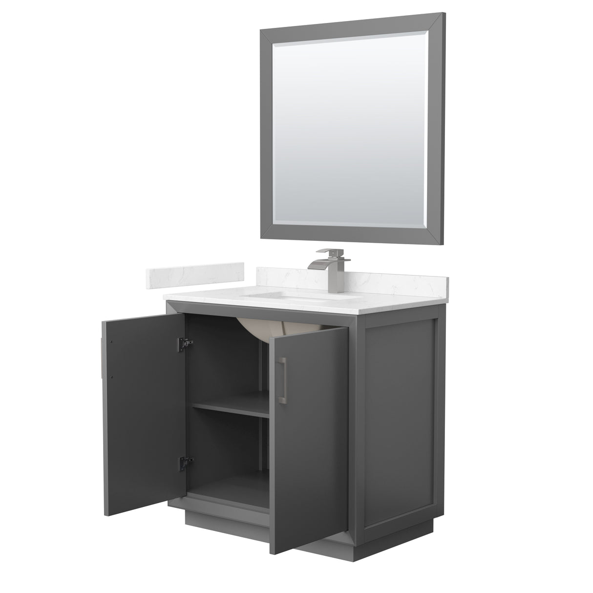 Strada 36 Inch Single Bathroom Vanity in Dark Gray Carrara Cultured Marble Countertop Undermount Square Sink Brushed Nickel Trim 34 Inch Mirror
