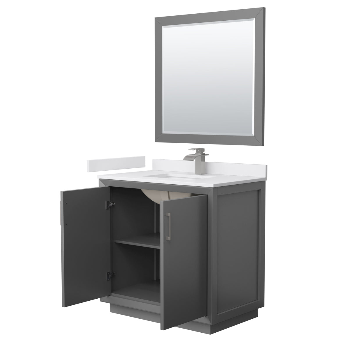 Strada 36 Inch Single Bathroom Vanity in Dark Gray White Cultured Marble Countertop Undermount Square Sink Brushed Nickel Trim 34 Inch Mirror