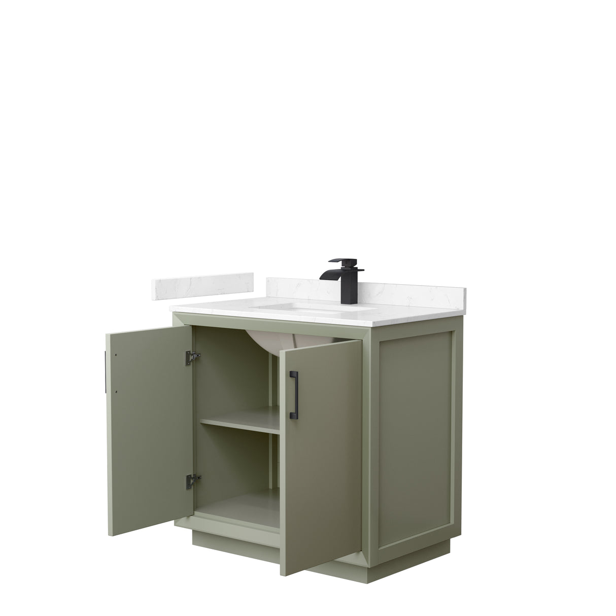 Strada 36 Inch Single Bathroom Vanity in Light Green Carrara Cultured Marble Countertop Undermount Square Sink Matte Black Trim