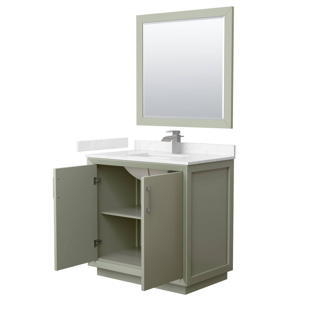 Strada 36 Inch Single Bathroom Vanity in Light Green Carrara Cultured Marble Countertop Undermount Square Sink Brushed Nickel Trim 34 Inch Mirror