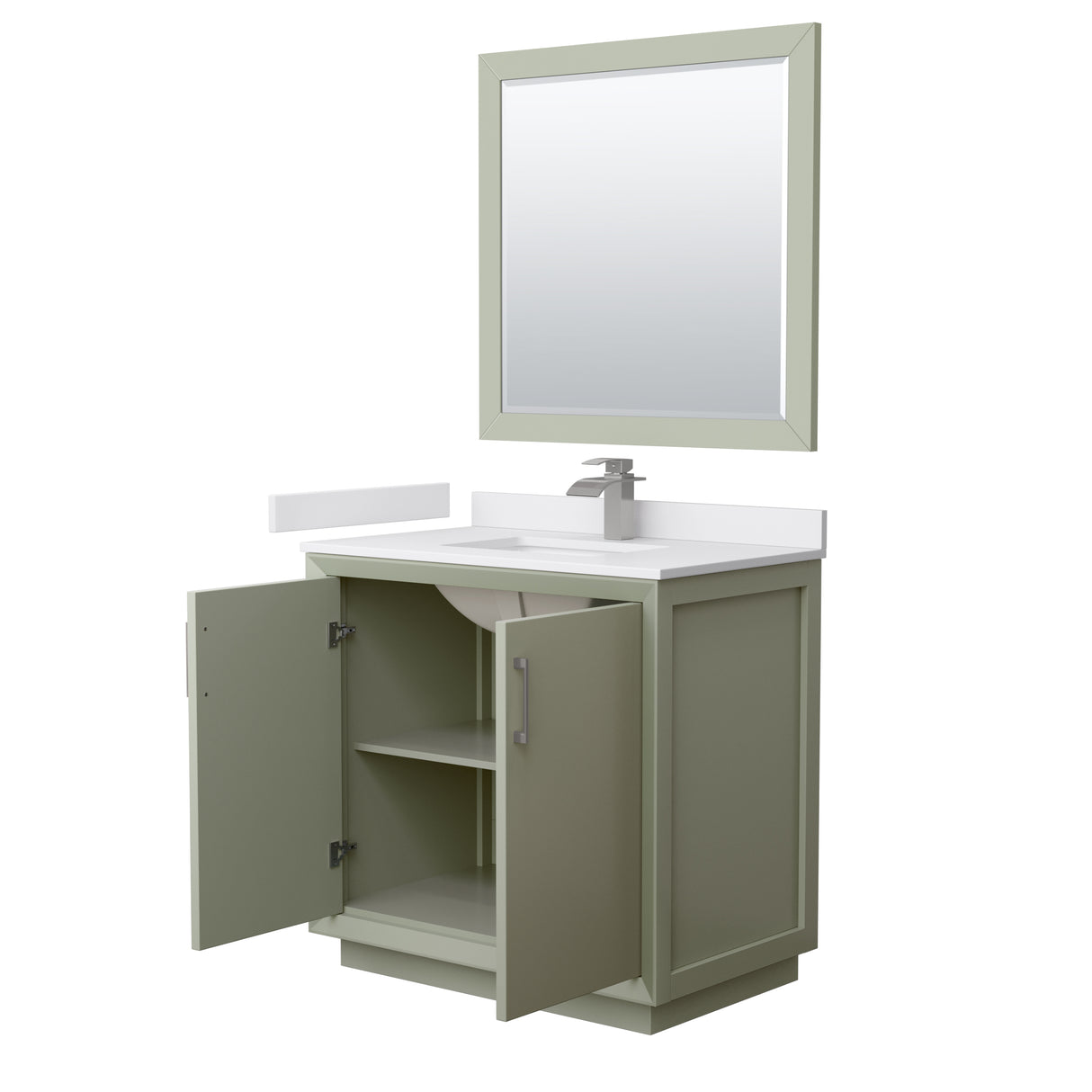 Strada 36 Inch Single Bathroom Vanity in Light Green White Cultured Marble Countertop Undermount Square Sink Brushed Nickel Trim 34 Inch Mirror