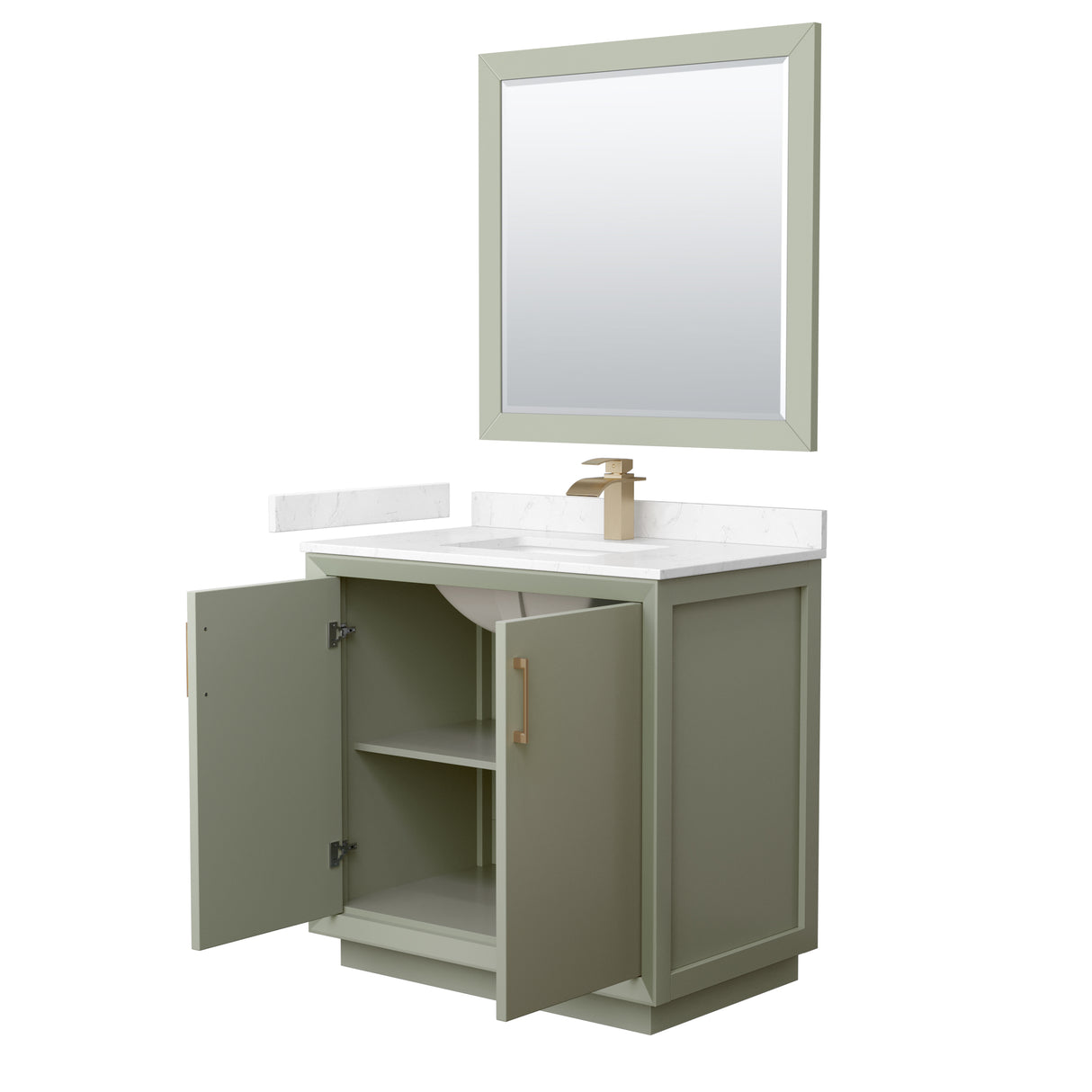 Strada 36 Inch Single Bathroom Vanity in Light Green Carrara Cultured Marble Countertop Undermount Square Sink Satin Bronze Trim 34 Inch Mirror